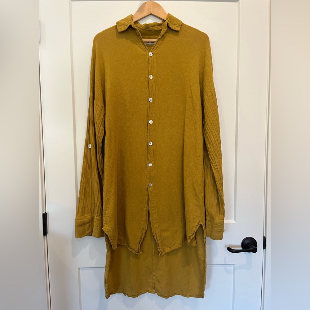 Mustard color Lagenlook minimalist flowy 100% cotton long sleeve tunic top sz M